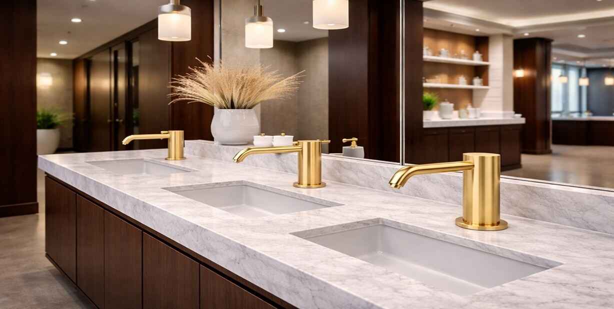 Gold finished vandal resistant deck mount touchless soap dispenser for high use restrooms